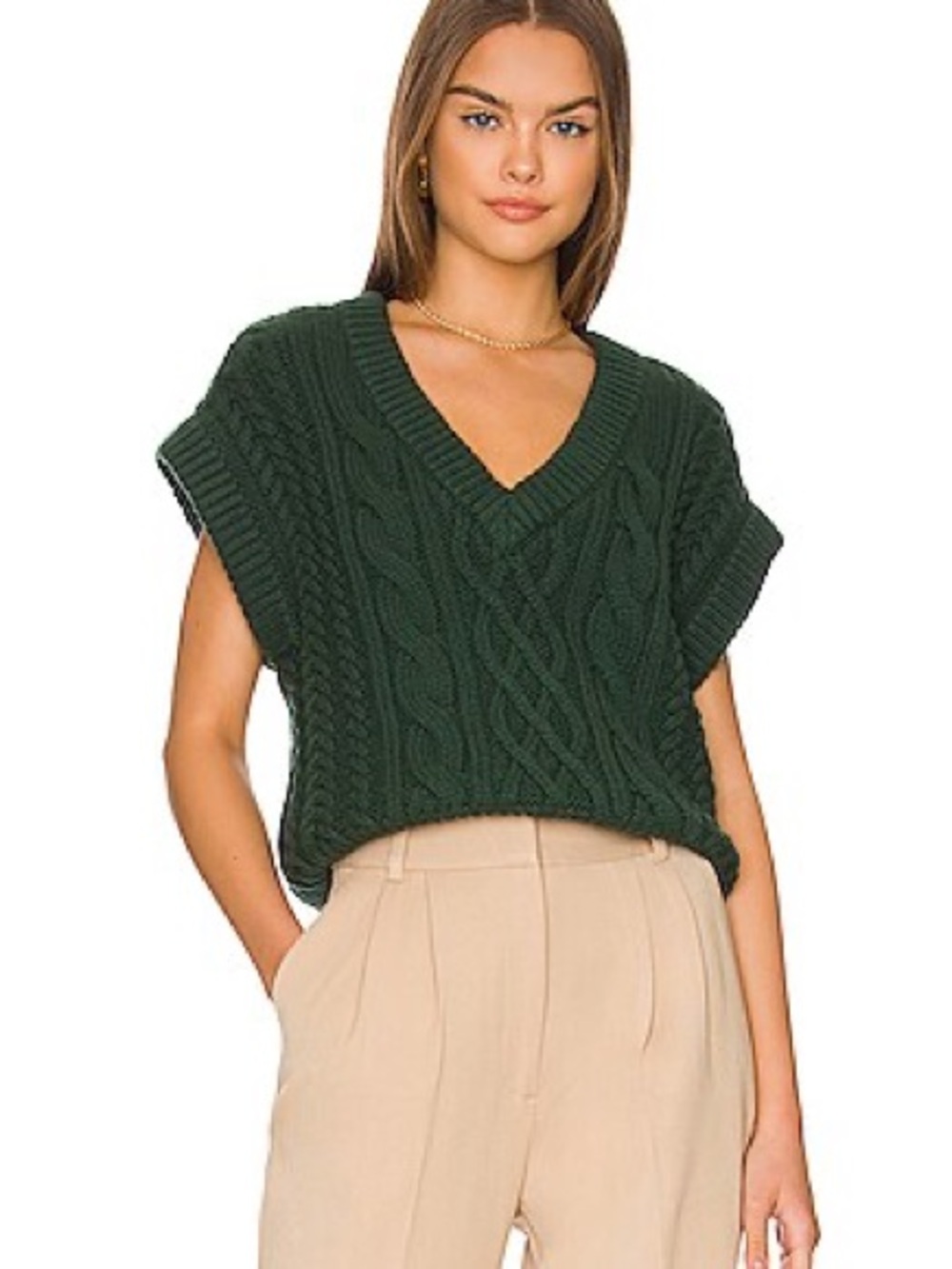Shona Joy Forest Green Cable Knit V-Neck Sweater Vest